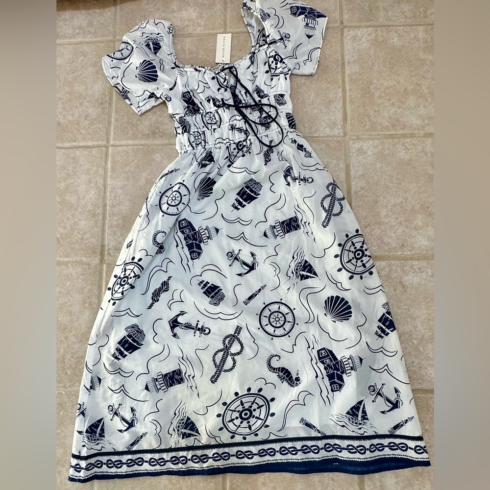 Tuckernuck’s Moon River Nautical Puff Sleeve Midi Dress XS 100% Cotton - Picture 7 of 11